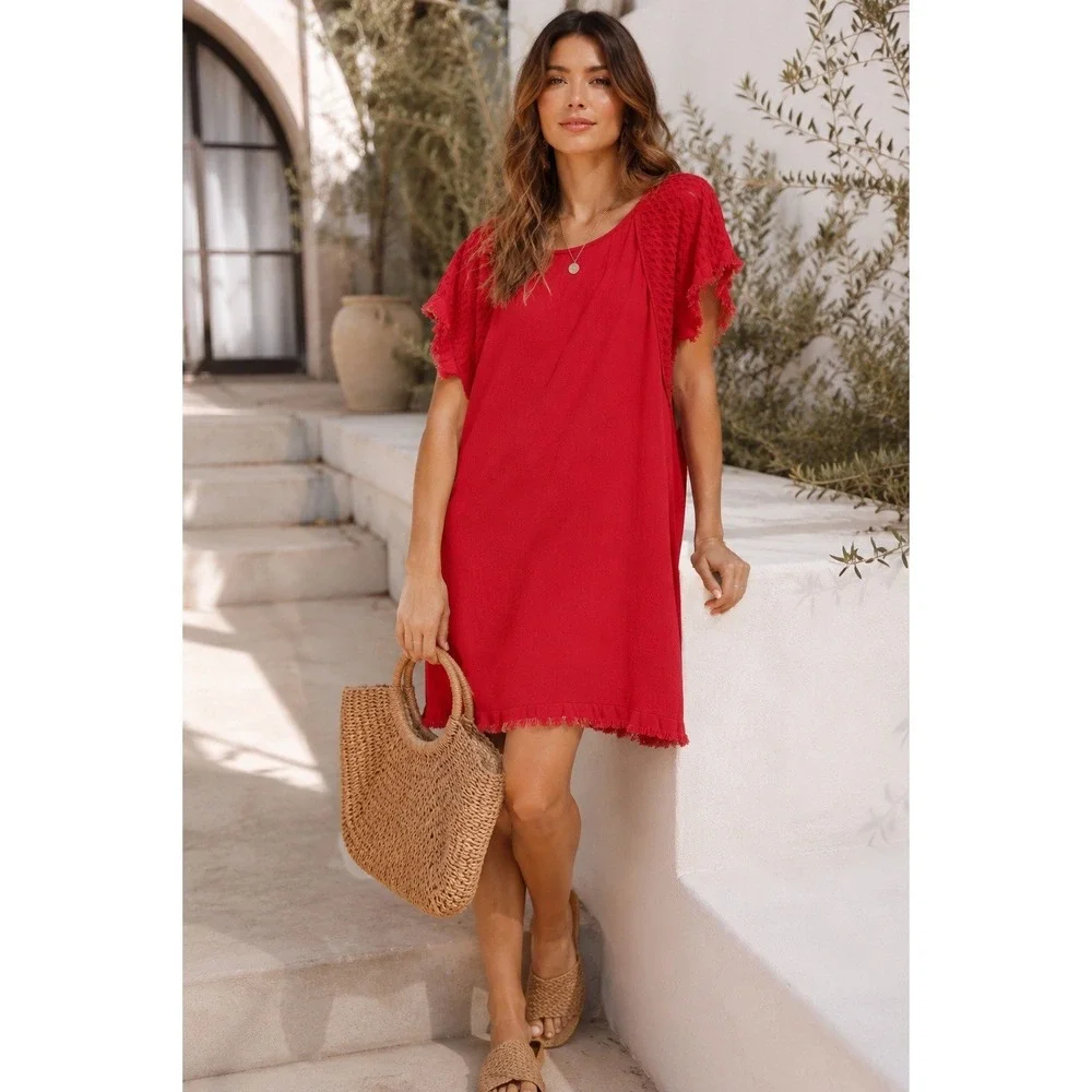 Umgee‎ Red Linen Blend Dress Women S Frayed Hem Boho Lagenlook Relaxed Fit